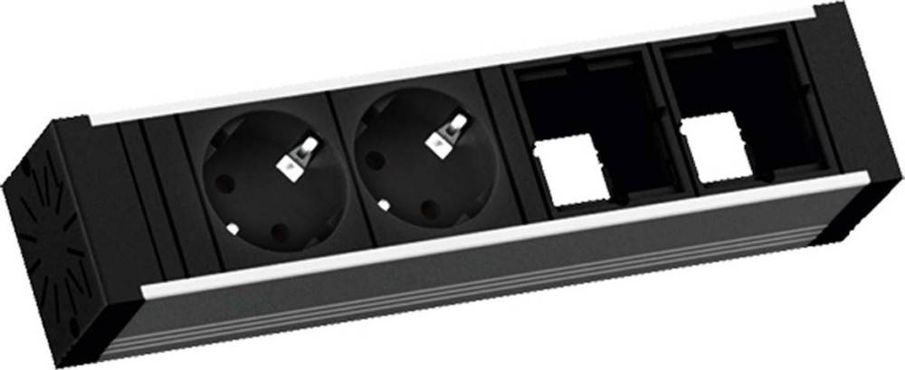 Eine doppelte Steckdose mit einem leeren Anschluss auf der rechten Seite, geeignet für eine modulare Konfiguration, was auf potenzielle Erweiterungsmöglichkeiten hinweist.