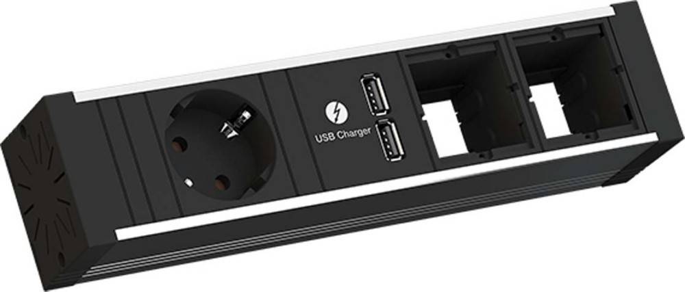 Steckdosenleiste mit zwei Stromsteckdosen und zwei USB-Ladeanschlüssen, beschriftet mit 'USB Charger', für vielseitige Ladebedürfnisse konzipiert.