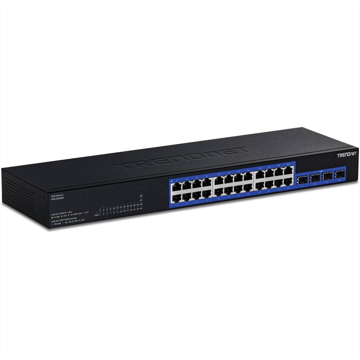 Ein schwarzer TRENDnet Ethernet-Switch mit 24 Anschlüssen auf der Vorderseite, konzipiert für Netzwerk- und Datenverbindungen, mit elegantem, professionellem Design.