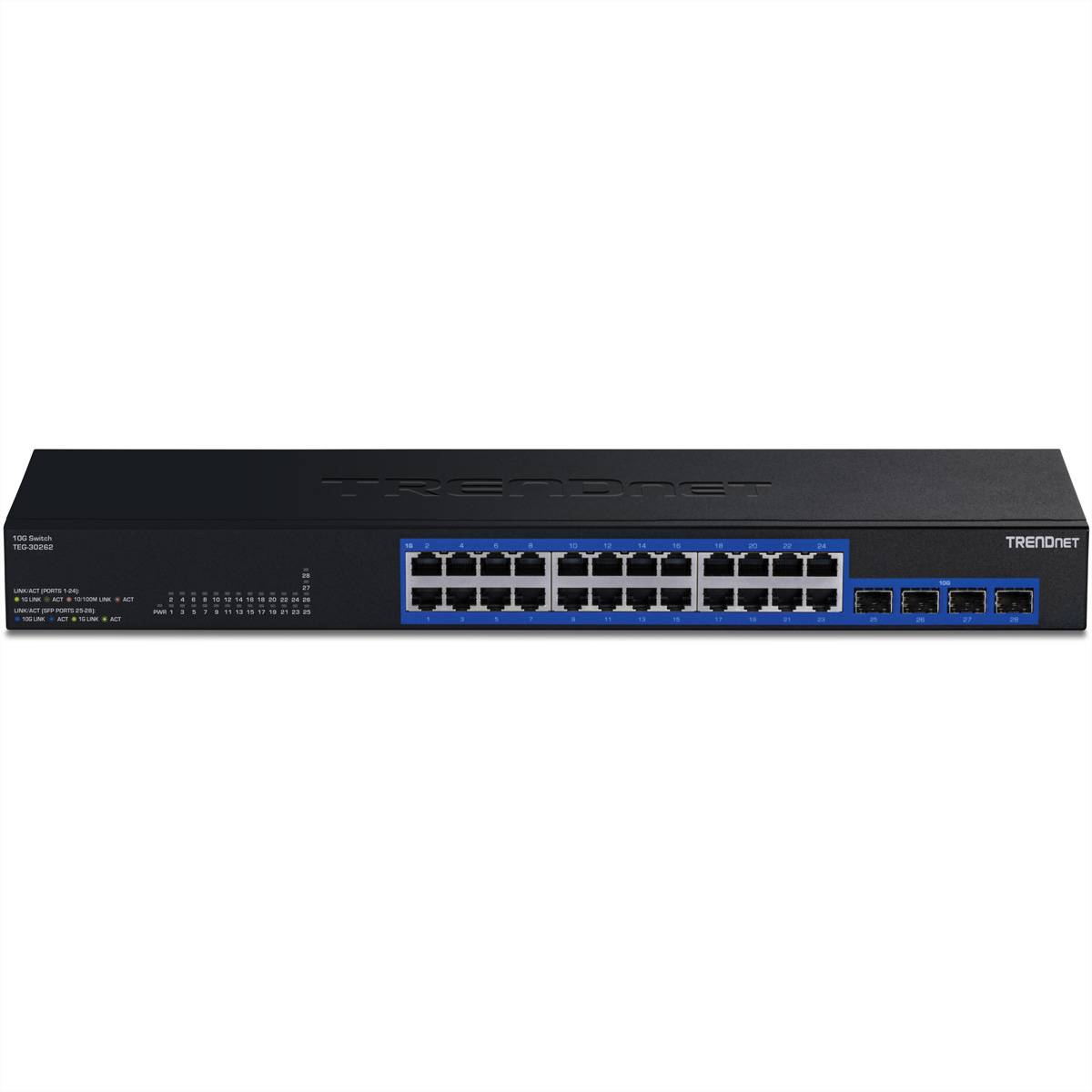 Ein schwarzer TrendNet-Netzwerk-Switch mit 24 Ethernet-Ports und 4 SFP-Ports zum Verbinden mehrerer Netzwerkgeräte.