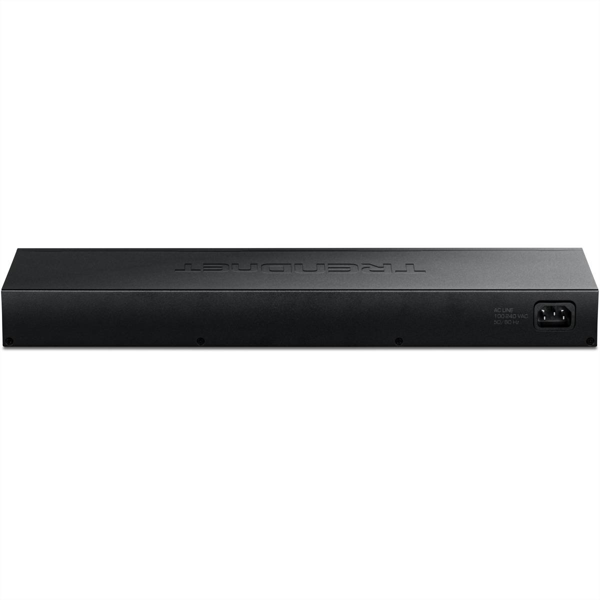 Ein schwarzer Netzwerk-Switch mit mehreren Anschlüssen auf der Vorderseite und einem Stromeingang auf der Rückseite, entwickelt zum Verbinden von Geräten in einem Netzwerk.