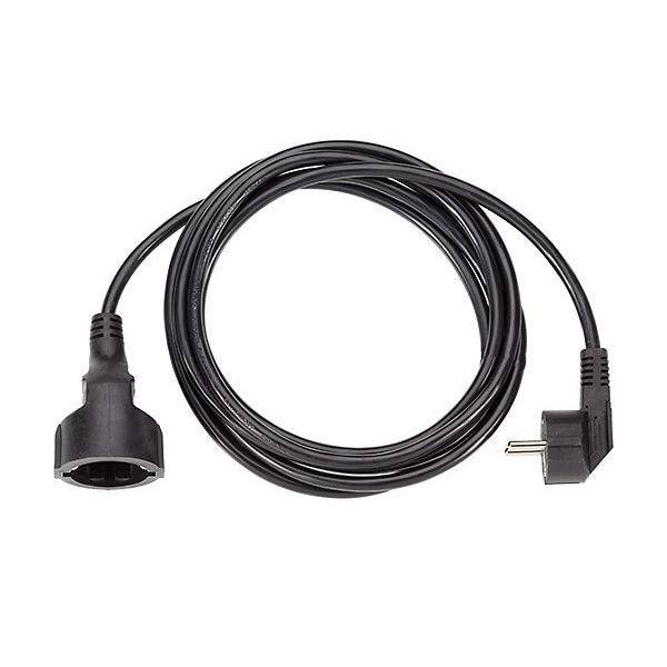 Eine schwarze Verlängerungsschnur mit einem Schuko-Stecker an einem Ende und einem Buchsenanschluss am anderen Ende, in einem Kreis aufgerollt.