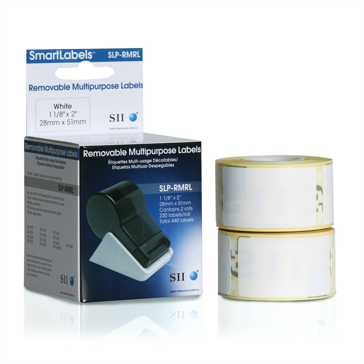 Produktfoto von SmartLabels abnehmbaren Mehrzweck-Etikettenerollen in Verpackung, die weiße 1 1/8 x 2 Zoll Etiketten und zwei gestapelte Etikettenerollen zeigt.