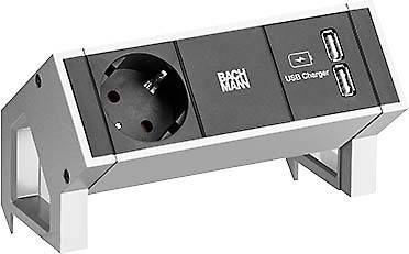 Eingebautes Desktop-Strommodul mit Stromauslass, USB-Ladeanschlüssen und Befestigungshalterung für Schreibtisch oder Tisch.