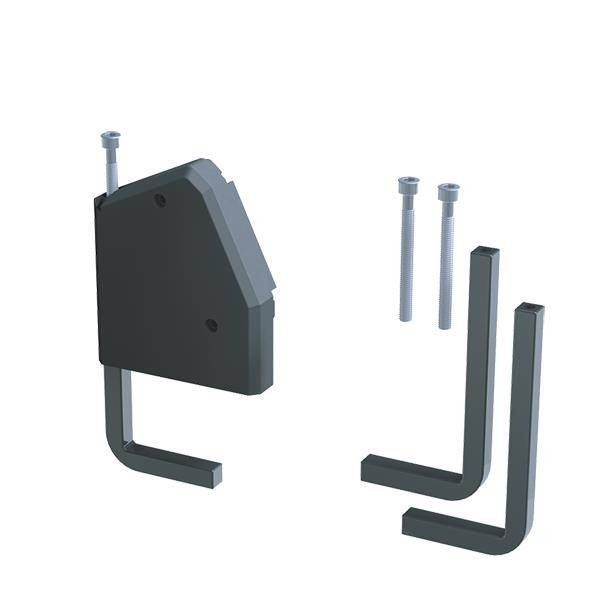 Schwarze Metallhalterung mit zwei L-förmigen Haken, zwei flachen Halterungen und zwei Schrauben, verwendet für Montage oder strukturelle Unterstützung.