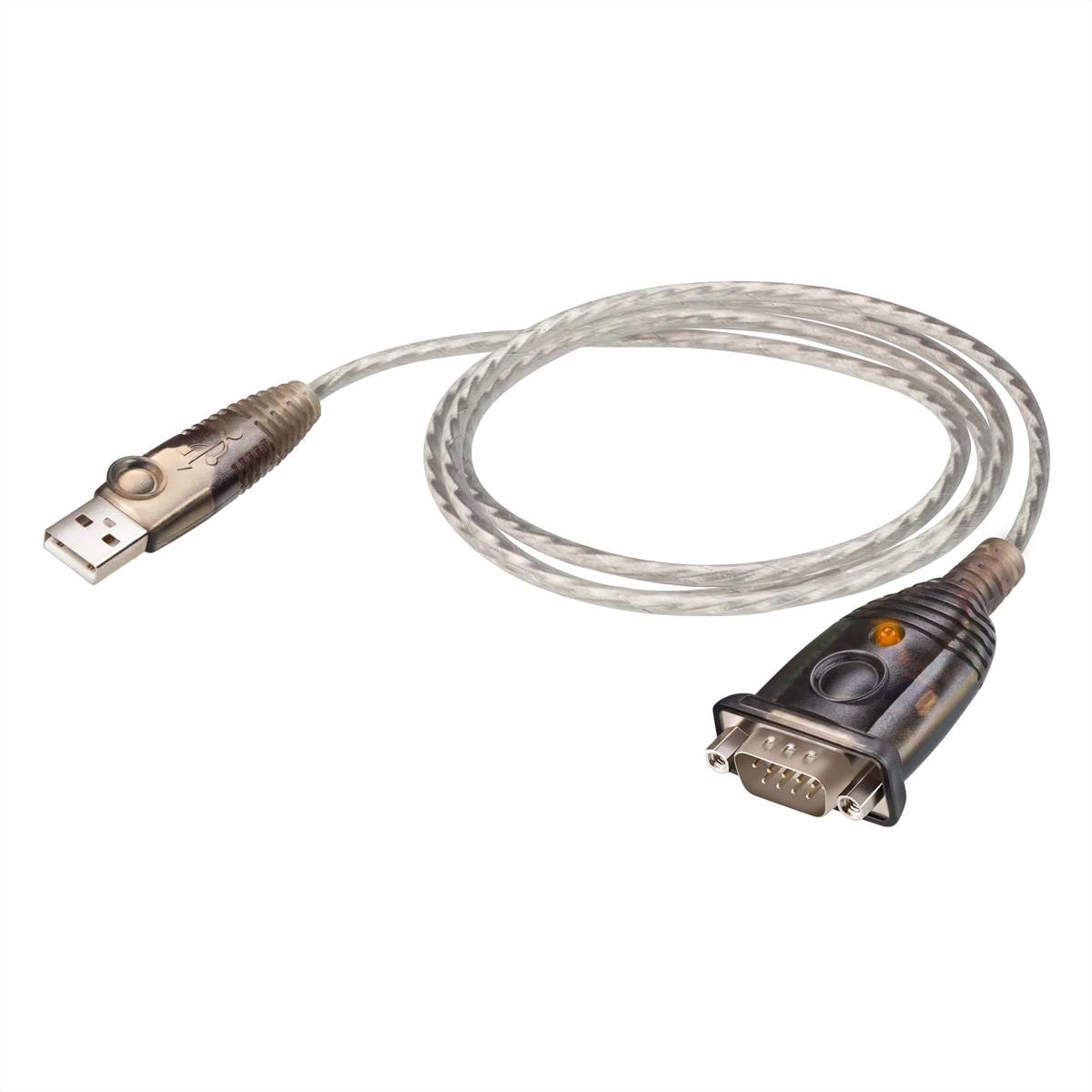 USB zu Seriell Adapterkabel mit USB-A Stecker und DB9 Seriellstecker auf transparentem Hintergrund
