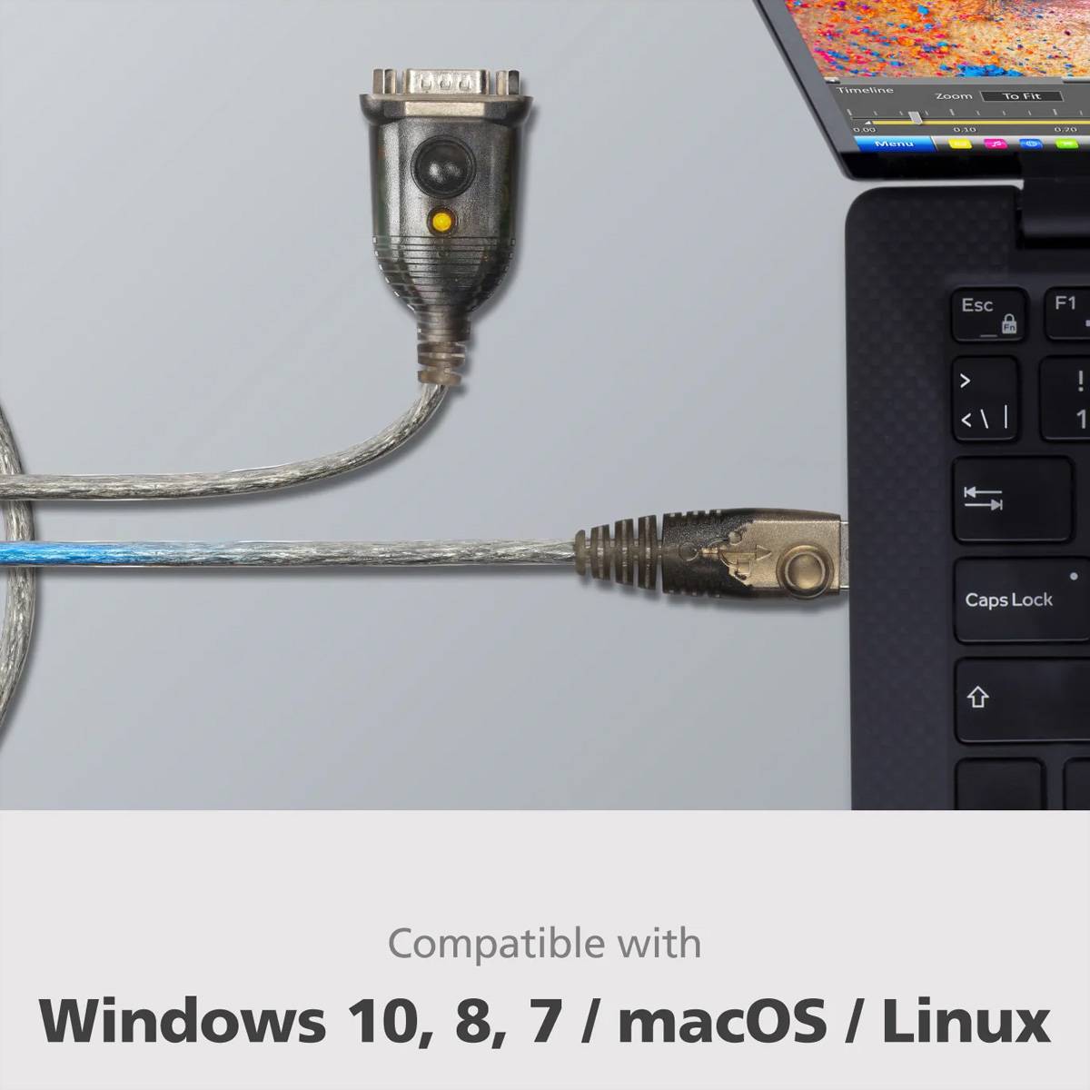 Nahaufnahme von zwei Kabeln, die mit einem Laptop verbunden sind, mit Text darunter, der lautet „Kompatibel mit Windows 10, 8, 7 / macOS / Linux