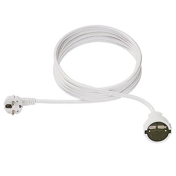Ein aufgewickeltes weißes Verlängerungskabel mit einem runden Stecker und einer Steckdose, ausgelegt für elektrische Verbindungen.