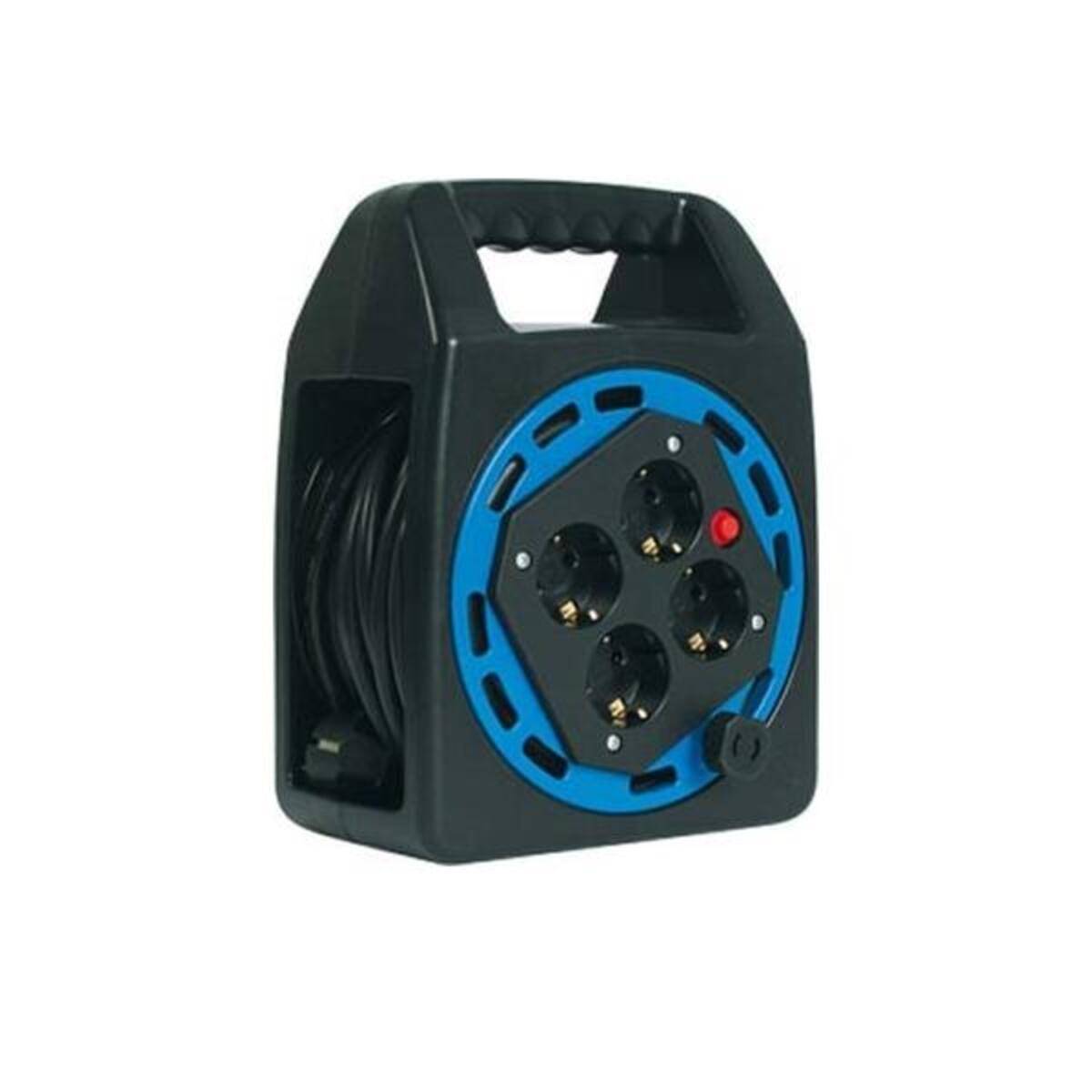 Eine schwarze und blaue tragbare elektrische Kabeltrommel mit Griff, ausgestattet mit vier Steckdosen und einem aufgewickelten Kabel, das für einfache Lagerung und Transport konzipiert ist.