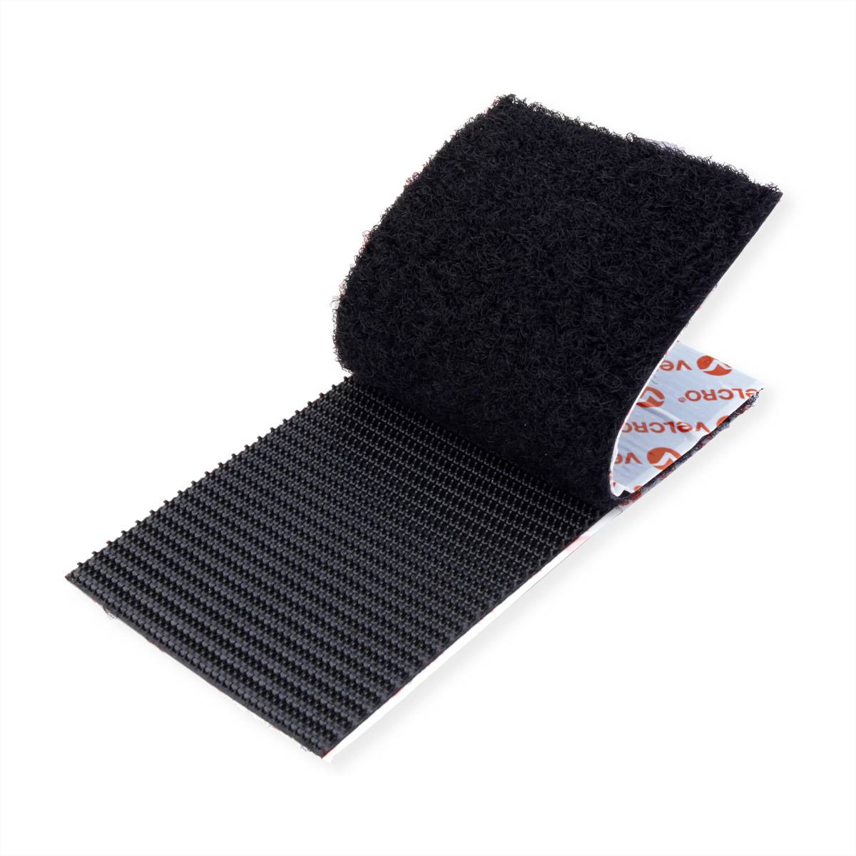 Rolle aus 'VELCRO'-Marken-Klettband, teilweise abgerollt, zeigt beide strukturierten Seiten. Wird zum vorübergehenden Befestigen von Gegenständen verwendet.