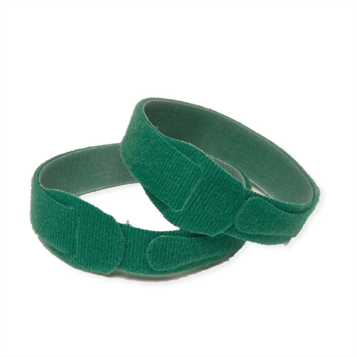 Zwei grüne elastische Handgelenk-Bandagen mit Klettverschlüssen, die für Handgelenkstützung oder -therapie entwickelt wurden.
