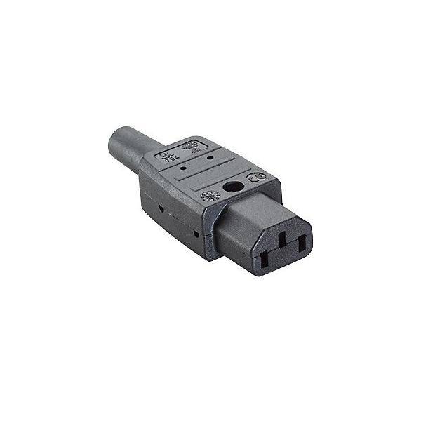 Ein schwarzer IEC-C13-Stromstecker, der zum Anschluss von Netzkabeln an Geräte wie Computer oder Monitore verwendet wird, vor einem weißen Hintergrund dargestellt.