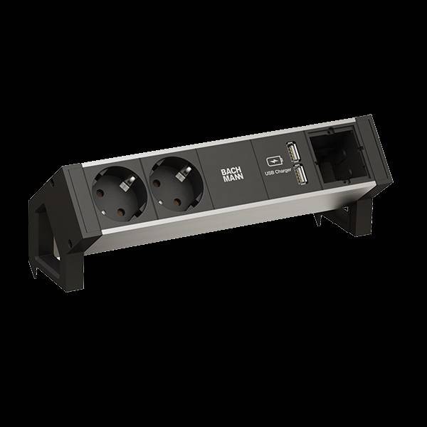 Eine Steckdosenleiste mit zwei europäischen Steckdosen, zwei USB-Anschlüssen und einem Ethernet-Port.