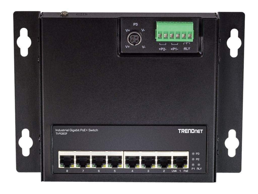 TRENDnet TI-PG80F 8-Port Industrial PoE+ Gigabit Wall-Mount Front Access Switch