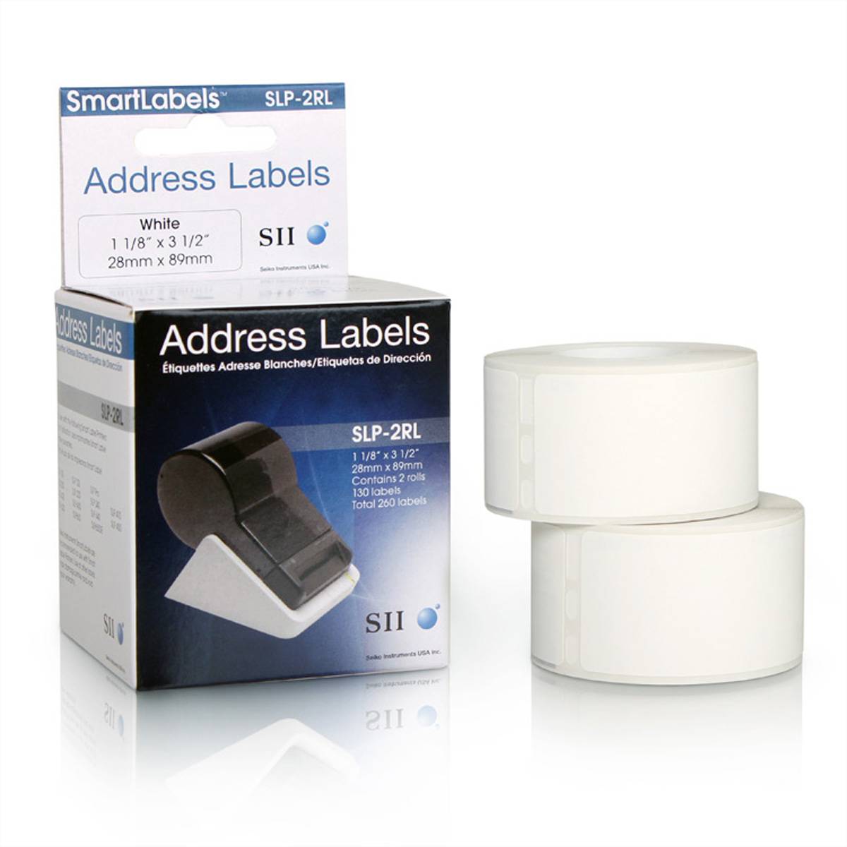 SmartLabels-Adressenetiketten-Rollen und Verpackung für SLP-2RL weiße 1 1/8 x 3 1/2 Zoll Etiketten, gezeigt mit zwei Rollen.