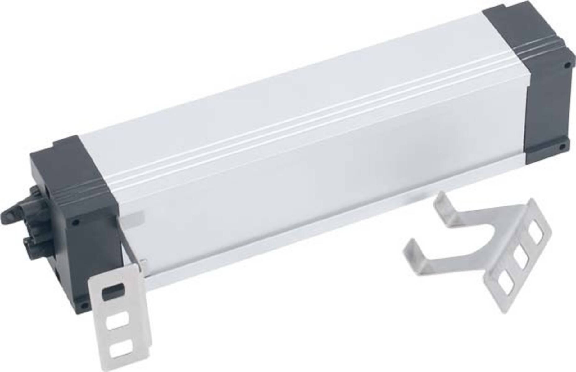 Metallhalterung befestigt sich an einer horizontalen Aluminiumschiene und veranschaulicht eine Komponente eines Stütz- oder Montagsystems.