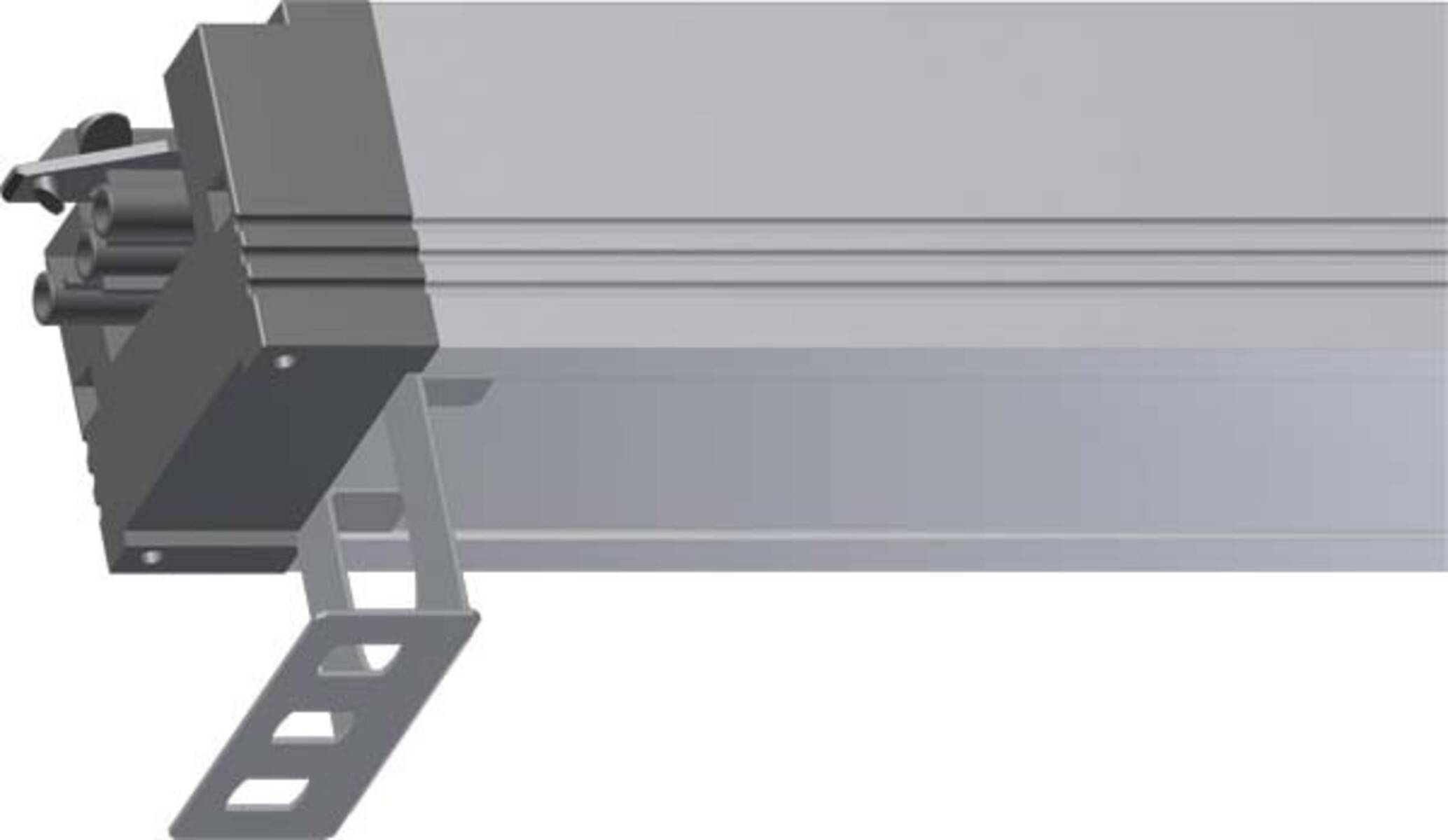 Eine Nahaufnahme einer grauen industriellen Regalhalterung mit einem dreieckigen Stützträger, die an einer horizontalen Oberfläche befestigt ist.