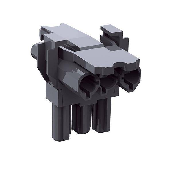 Ein kleiner schwarzer Mehrpin-Kunststoffstecker, der in elektronischen Geräten verwendet wird und mehrere zylindrische Schlitze zum Einfügen von Drähten aufweist.