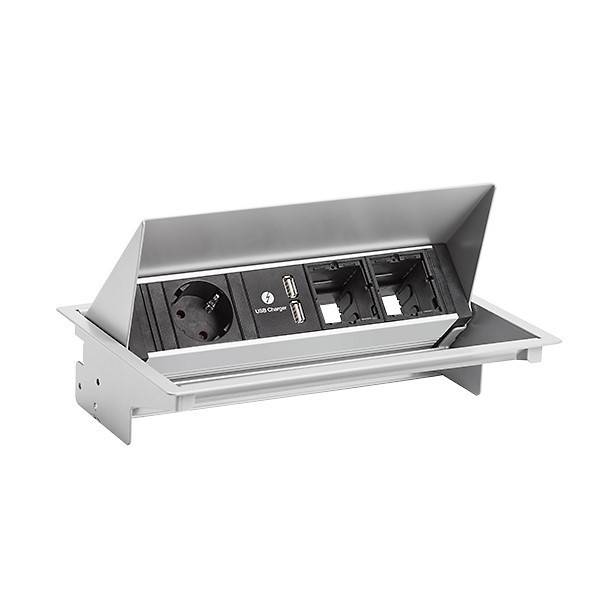Eine silberne Pop-up-Schreibtischsteckdose mit USB-Ladeanschluss, zwei Ethernet-Ports und einer europäischen Steckdose, entwickelt für den Bürogebrauch.