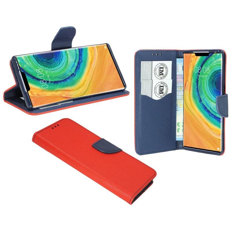 Buch Tasche "Fancy" für HUAWEI MATE 30 PRO Handy Hülle Etui Brieftasche Schutzhülle mit Standfunktion, Kartenfach Rot-Blau