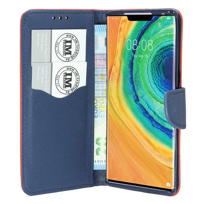 Buch Tasche "Fancy" für HUAWEI MATE 30 PRO Handy Hülle Etui Brieftasche Schutzhülle mit Standfunktion, Kartenfach Rot-Blau