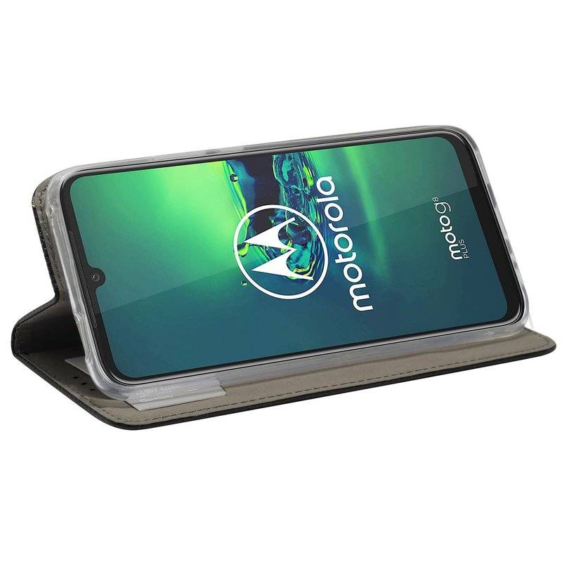 Elegante Buch-Tasche Hülle Smart Magnet für MOTOROLA MOTO G8 PLUS Leder Optik Wallet Book-Style Cover Schale in Schwarz