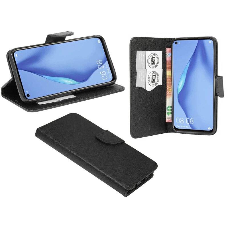 Buch Tasche "Fancy" für HUAWEI P40 LITE Handy Hülle Etui Brieftasche Schutzhülle mit Standfunktion, Kartenfach Schwarz