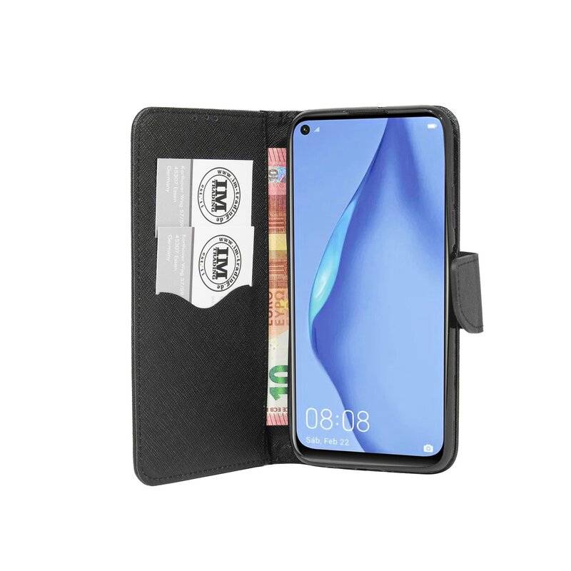 Buch Tasche "Fancy" für HUAWEI P40 LITE Handy Hülle Etui Brieftasche Schutzhülle mit Standfunktion, Kartenfach Schwarz