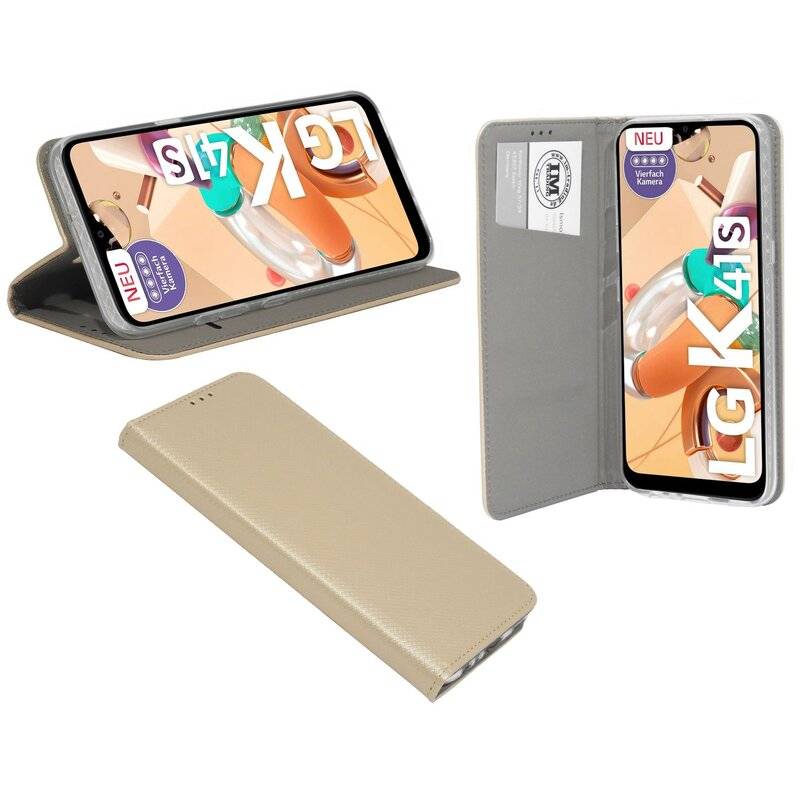 Buch Tasche "Smart" für LG K41s Handy Hülle Etui Brieftasche Schutzhülle mit Standfunktion, Kartenfach Gold