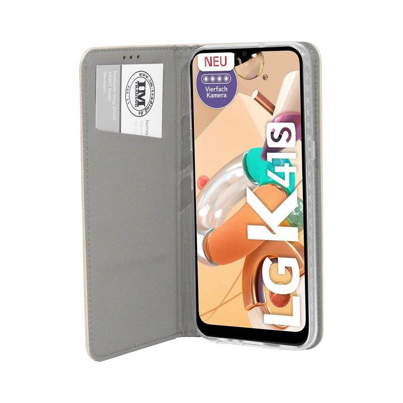 Buch Tasche "Smart" für LG K41s Handy Hülle Etui Brieftasche Schutzhülle mit Standfunktion, Kartenfach Gold