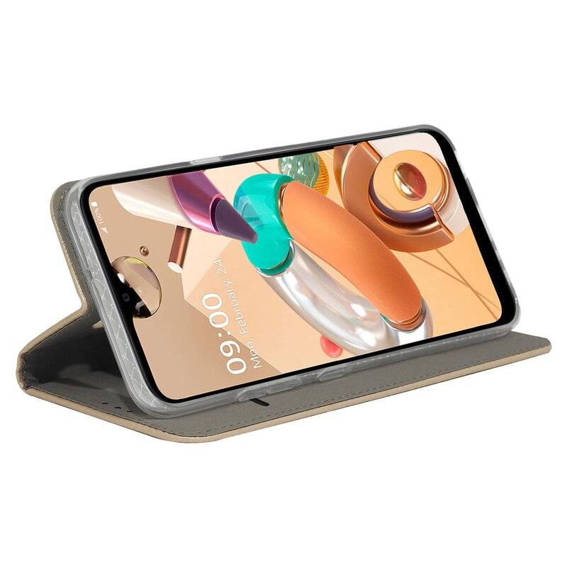 Buch Tasche "Smart" für LG K51s Handy Hülle Etui Brieftasche Schutzhülle mit Standfunktion, Kartenfach Gold