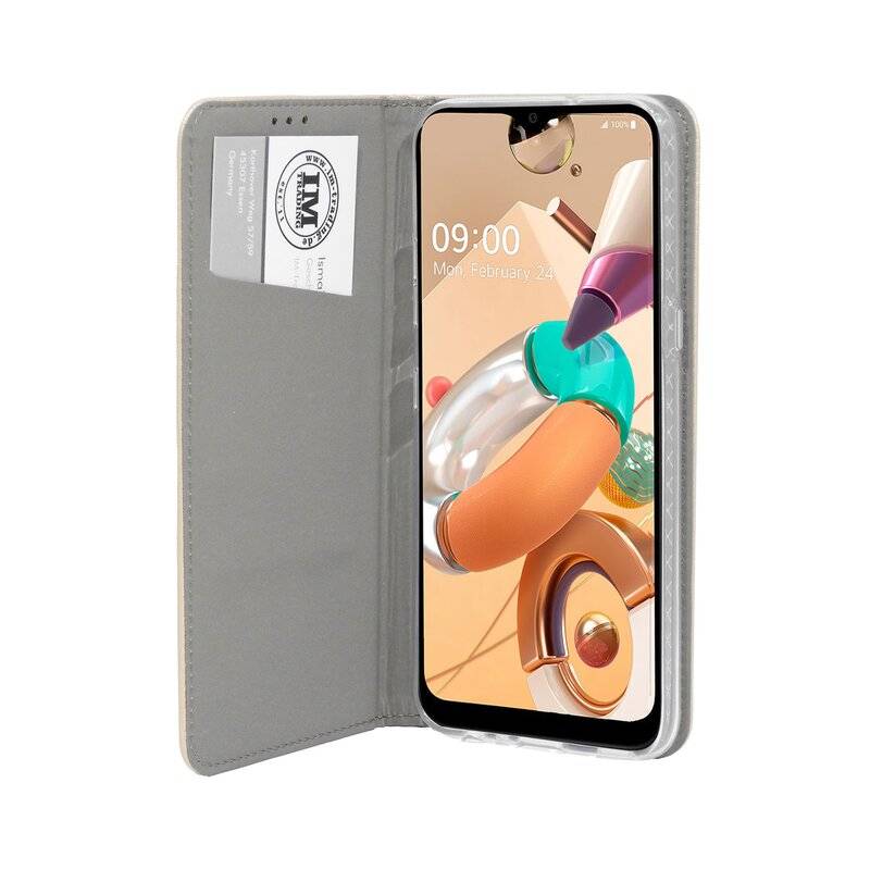 Buch Tasche "Smart" für LG K51s Handy Hülle Etui Brieftasche Schutzhülle mit Standfunktion, Kartenfach Gold