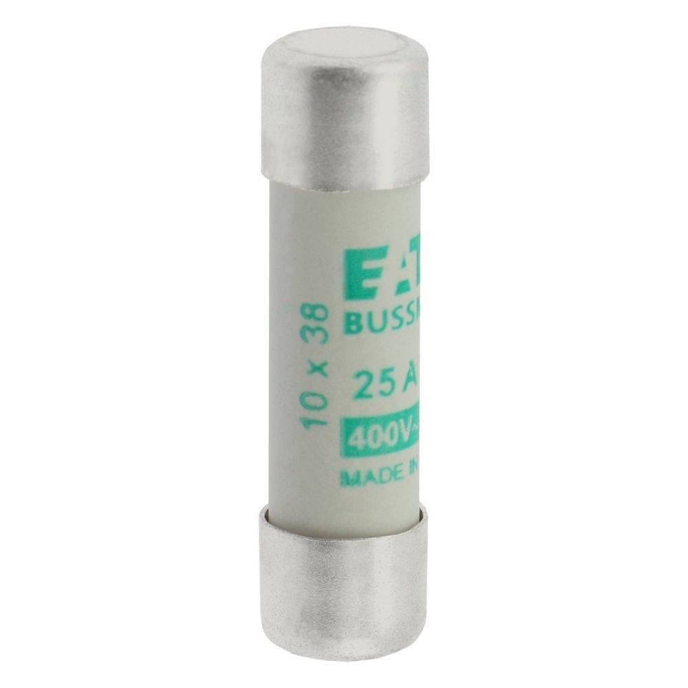 Eine zylindrische elektrische Sicherung mit der Aufschrift 'Bussmann 25A, 400V', entwickelt für den Leitungsschutz, mit metallischen Enden und einem weißen Gehäuse.
