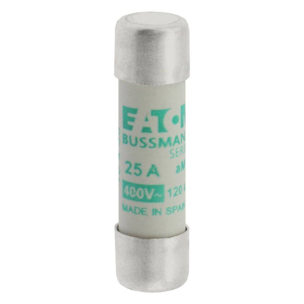 25-Ampere, 400V Sicherung mit metallischen Enden und der Aufschrift 'Bussmann' auf einem zylindrischen Körper, verwendet zum Schutz elektrischer Stromkreise.