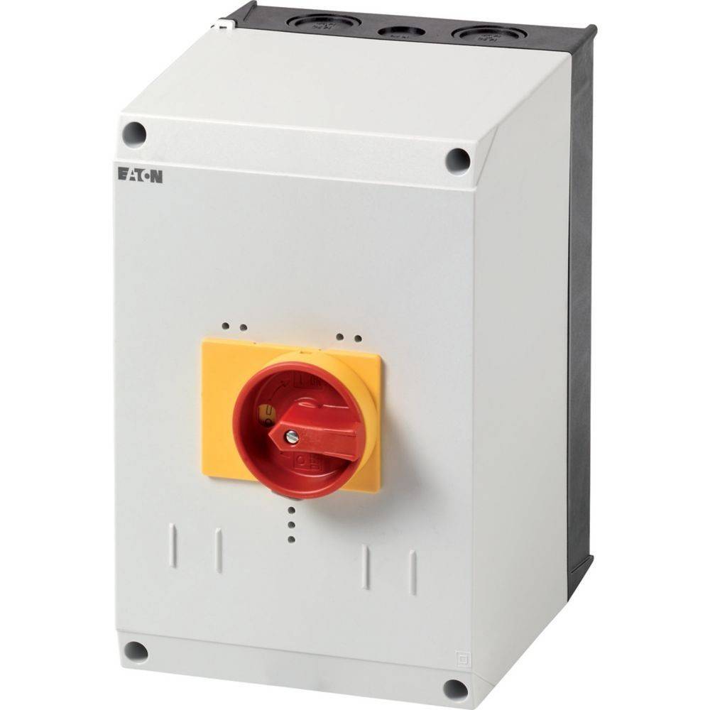 Drehschalter der Marke 'Eaton' in einem grauen Gehäuse mit rotem und gelbem Griff, verwendet zur Steuerung der elektrischen Stromversorgung.