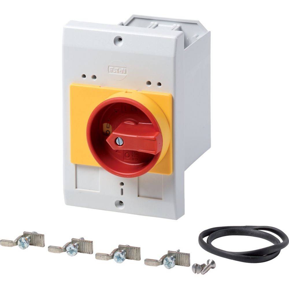Ein Sicherheitsschalter mit einem roten Drehgriff auf einem weiß-gelben Panel, begleitet von Metallverbindern, Schrauben und einer Gummidichtung.