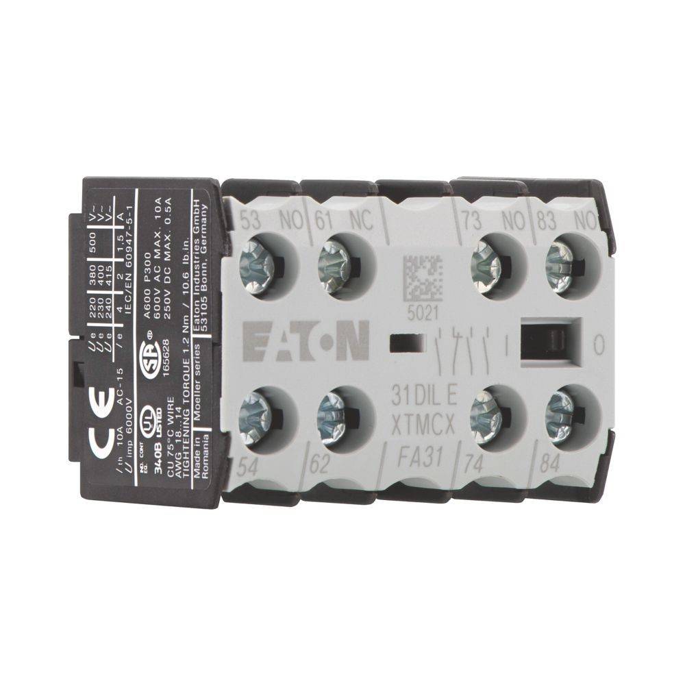 Eaton XTMCX Schütz: Modell 31DIL E, mit Ein- und Ausgangsklemmen, inklusive technischer Spezifikationen auf dem Seitenpaneel.
