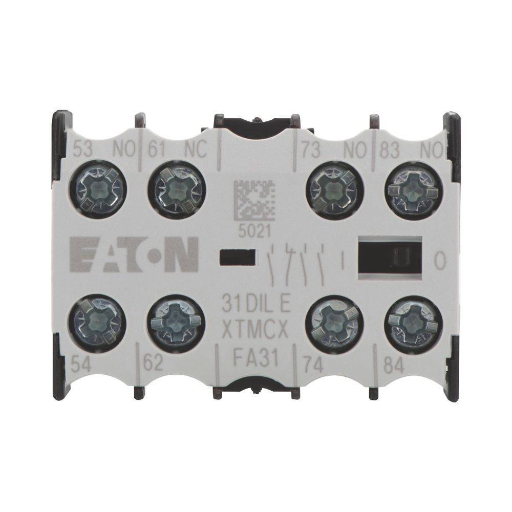 Ein Hilfsschützkontaktmodul mit acht Schraubklemmen und dem Text 'Eaton 31 DIL E XTMCX'.