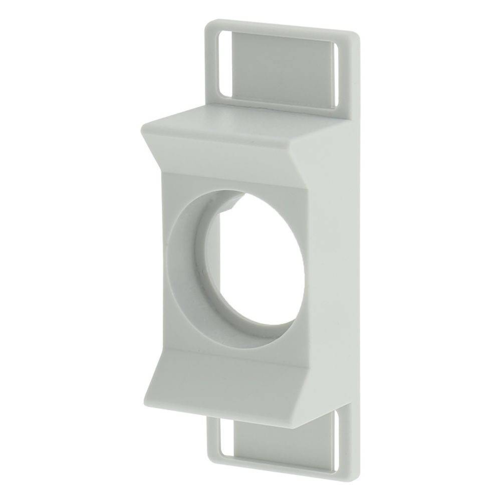 Eine graue Kunststoff-Montageschiene mit einer kreisförmigen Öffnung in der Mitte und rechteckigen Ausdehnungen oben und unten.