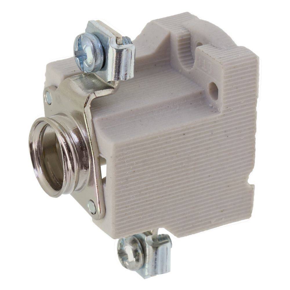 Ein Lampenfassungs-Sockel aus Keramik mit Metallkomponenten und Schraubklemmen zur Verkabelung, verwendet zum Anschluss von Glühlampen an einen elektrischen Stromkreis.