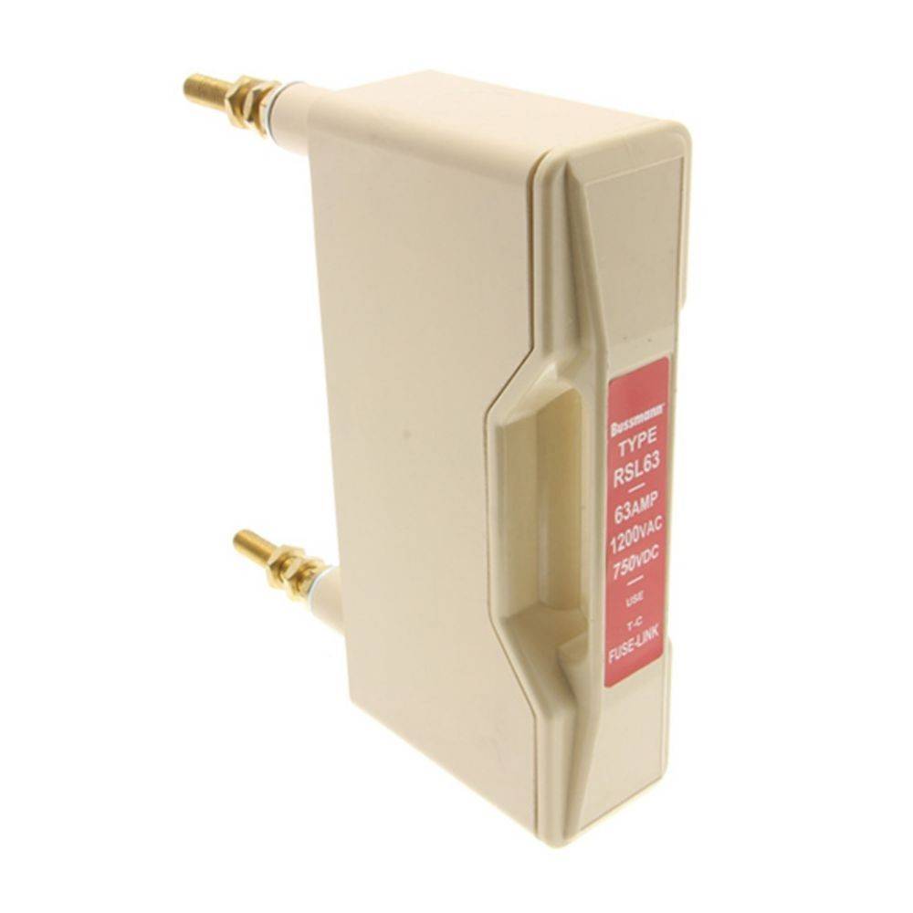 Elektrische Komponente mit einem beigen Gehäuse, rot beschriftet mit 'Typ RSL63, 63AMP, 120VAC, 750VDC'. Ausgestattet mit zwei Messingkonnektoren.