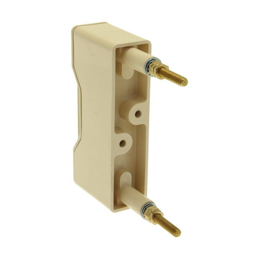 Ein beiger elektrischer Steckverbinder mit zwei Metallkontakten, die aus der Vorderseite hervorragen und zum Befestigen von elektrischen Leitungen vorgesehen sind.