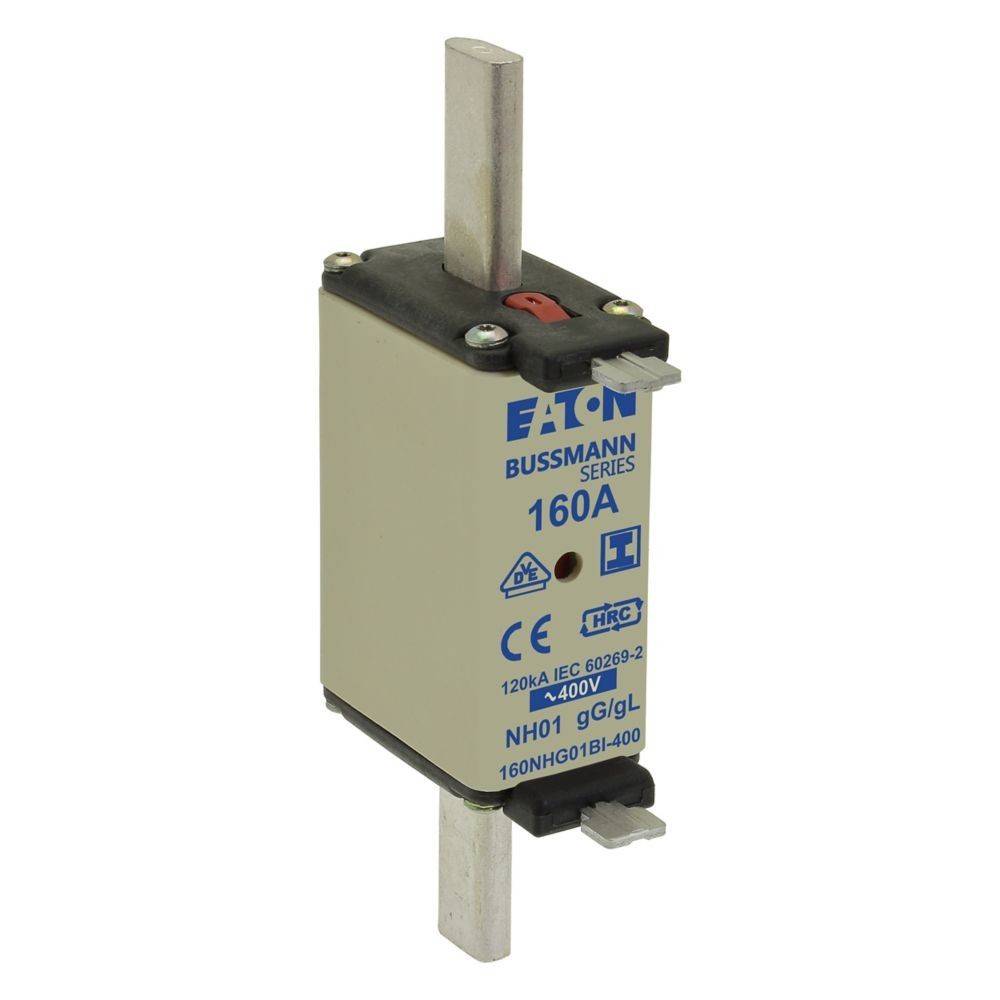 Bussmann Serie NH00 Sicherung, 160A, 400V, mit HRC-Etikett und Sicherheitszertifizierungen gekennzeichnet, mit vertikalen Metallklemmen.