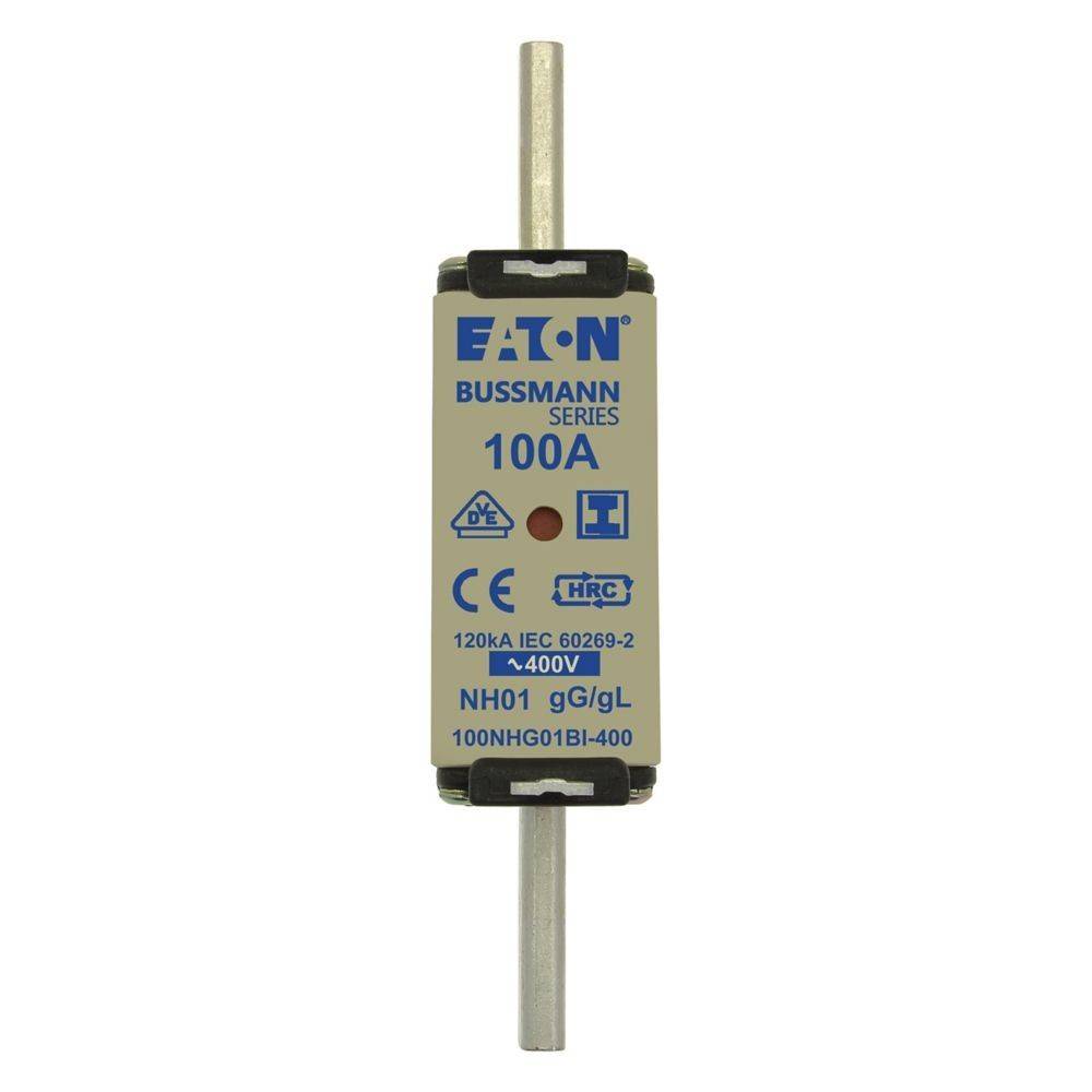 Seitenansicht einer Eaton Bussmann Serie 100A Sicherung, 400V Nennspannung, gekennzeichnet als NH01 gG/gL, mit sichtbaren metallischen Leiterrods an Ober- und Unterseite.