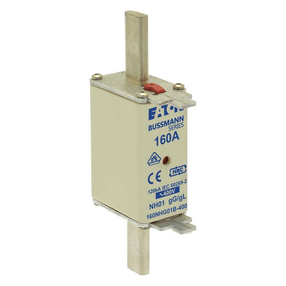 Eaton Bussmann Reihe 160A 120kA IEC 60269-2 NH01 gG/gL 400V Sicherung mit metallischen Kontakten und einem rechteckigen Gehäuse für elektrische Sicherheit.