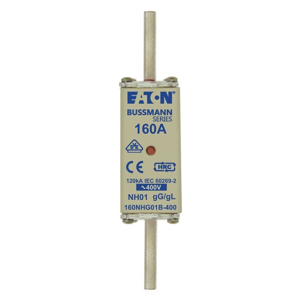 Eaton Bussmann Sicherung, 160A, NH-Typ, bewertet mit 400V, ausgestattet mit CE- und DEKRA-Zertifizierungen, verwendet für elektrischen Stromkreisschutz.