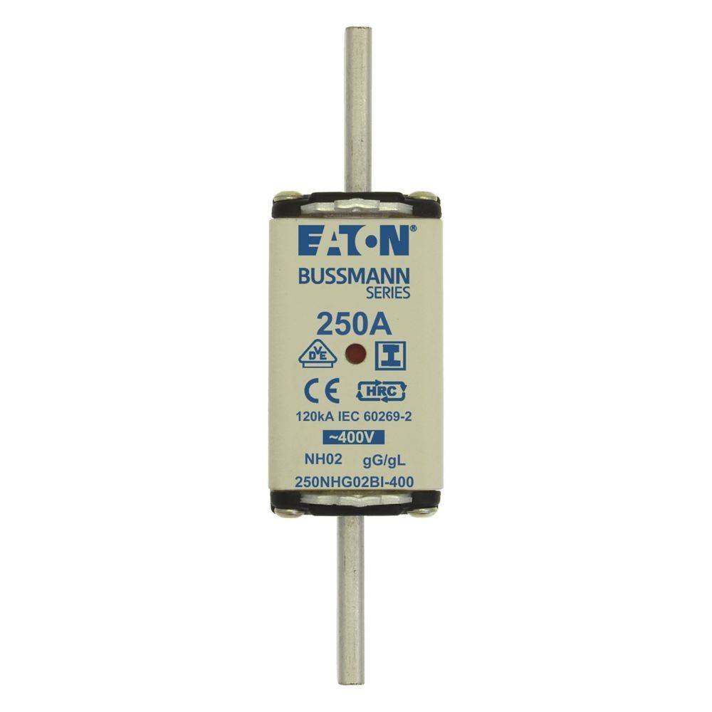 EATON BUSSMANN SERIE 250A' Sicherung mit Metallanschlüssen, ausgelegt für 120kA gemäß IEC 60269-2, 400V, Modell NH02 gG/gL, Teilenummer 250NHG02B1-400.