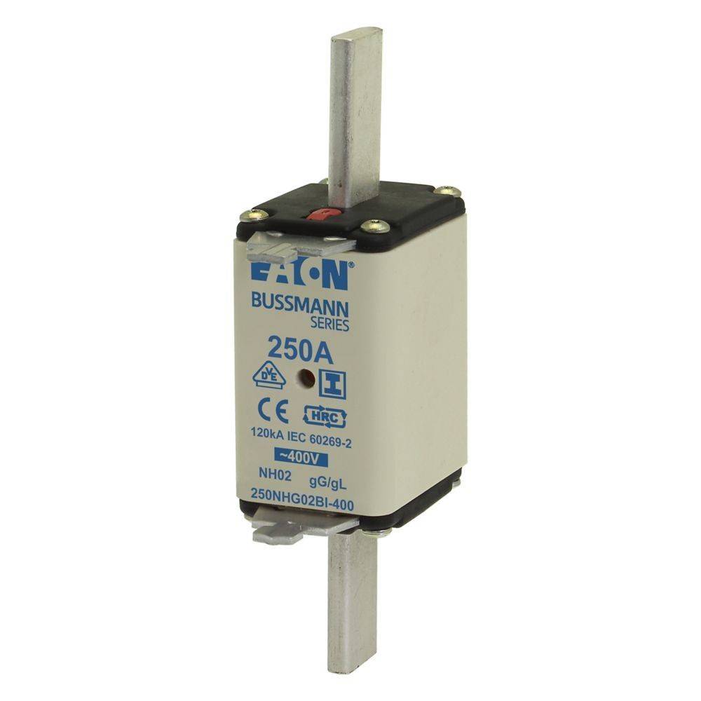 Eaton Bussmann Sicherung, 250A, 400V, 120kA IEC 60269-2, NH02 gG/gL mit weißem Gehäuse und Befestigungsklammern auf Metallkontakten.