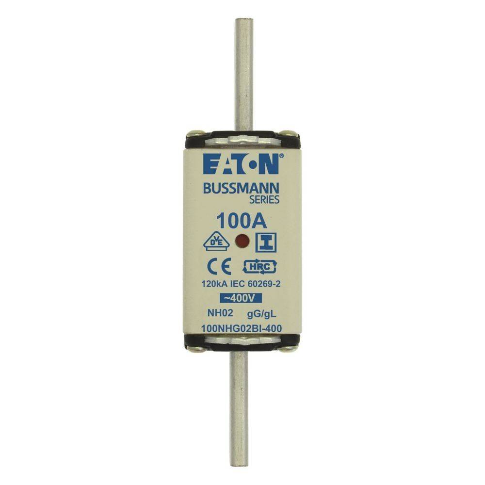 Eine 100-Ampere-Zylindersicherung der Eaton Bussmann-Serie mit Metallenden, versehen mit Sicherheits- und Leistungssymbolen, geeignet für elektrische Installationen.