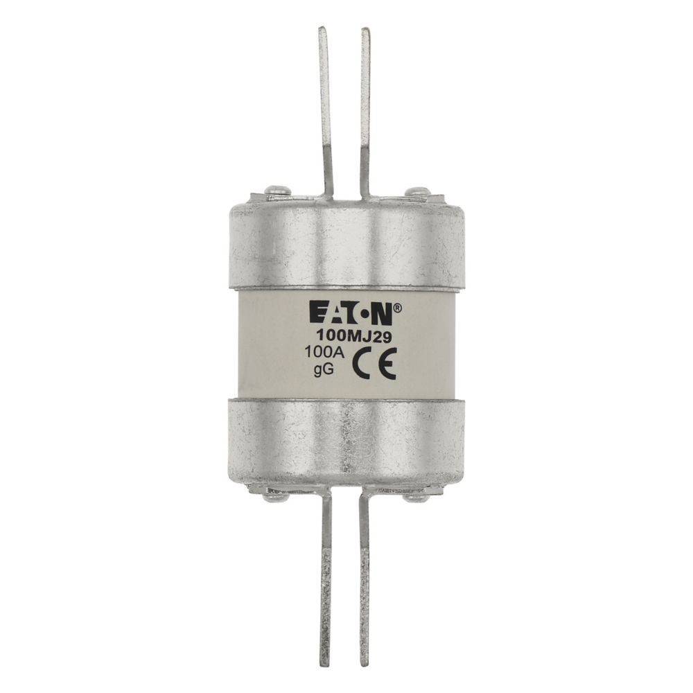 Eine zylindrische, metallgehäuste Eaton-Sicherung mit vier Anschlüssen, beschriftet mit '100MJ29 100A gG CE'.